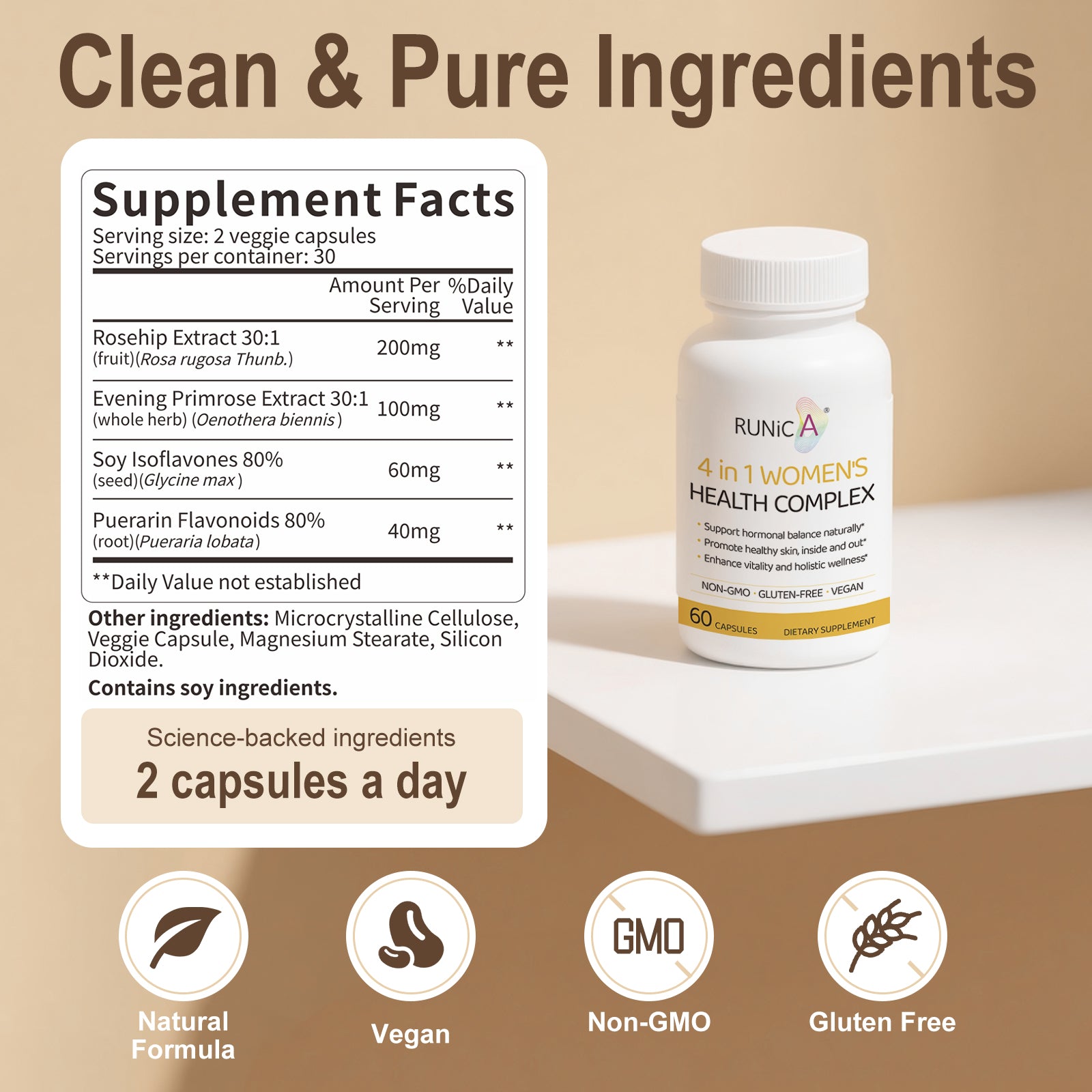 4-in-1 Women’s Hormonal Balance Complex Supplement | Rosehip, Pueraria & Evening Primrose with Soy Isoflavones | Menstrual Cycle, Menopause, Energy Level & Healthy Skin Support