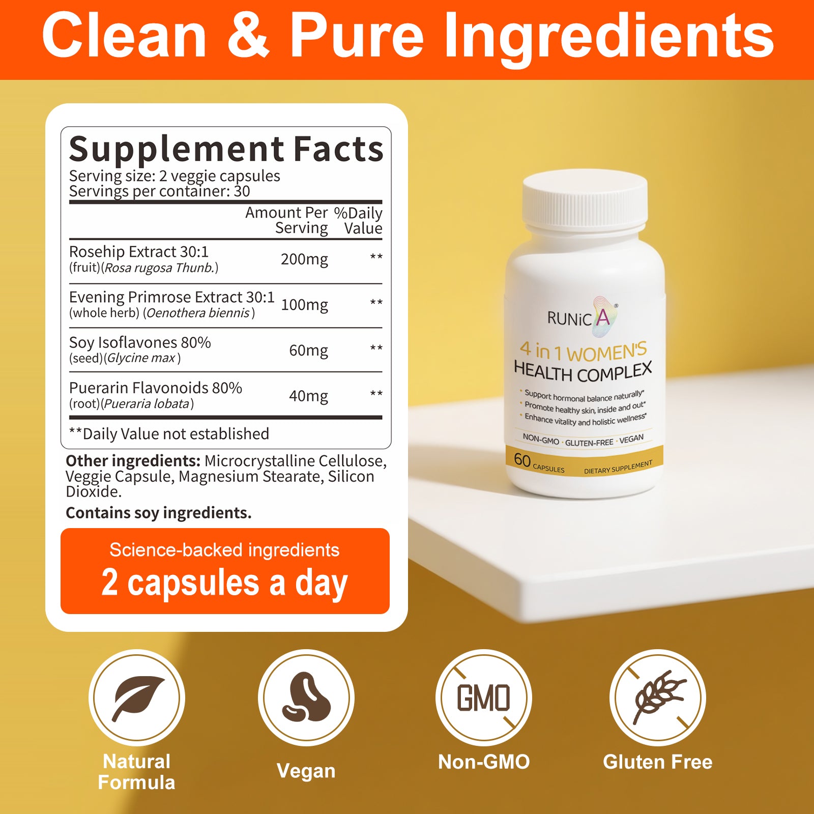 4-in-1 Women’s Hormonal Balance Complex Supplement | Rosehip, Pueraria & Evening Primrose with Soy Isoflavones | Menstrual Cycle, Menopause, Energy Level & Healthy Skin Support