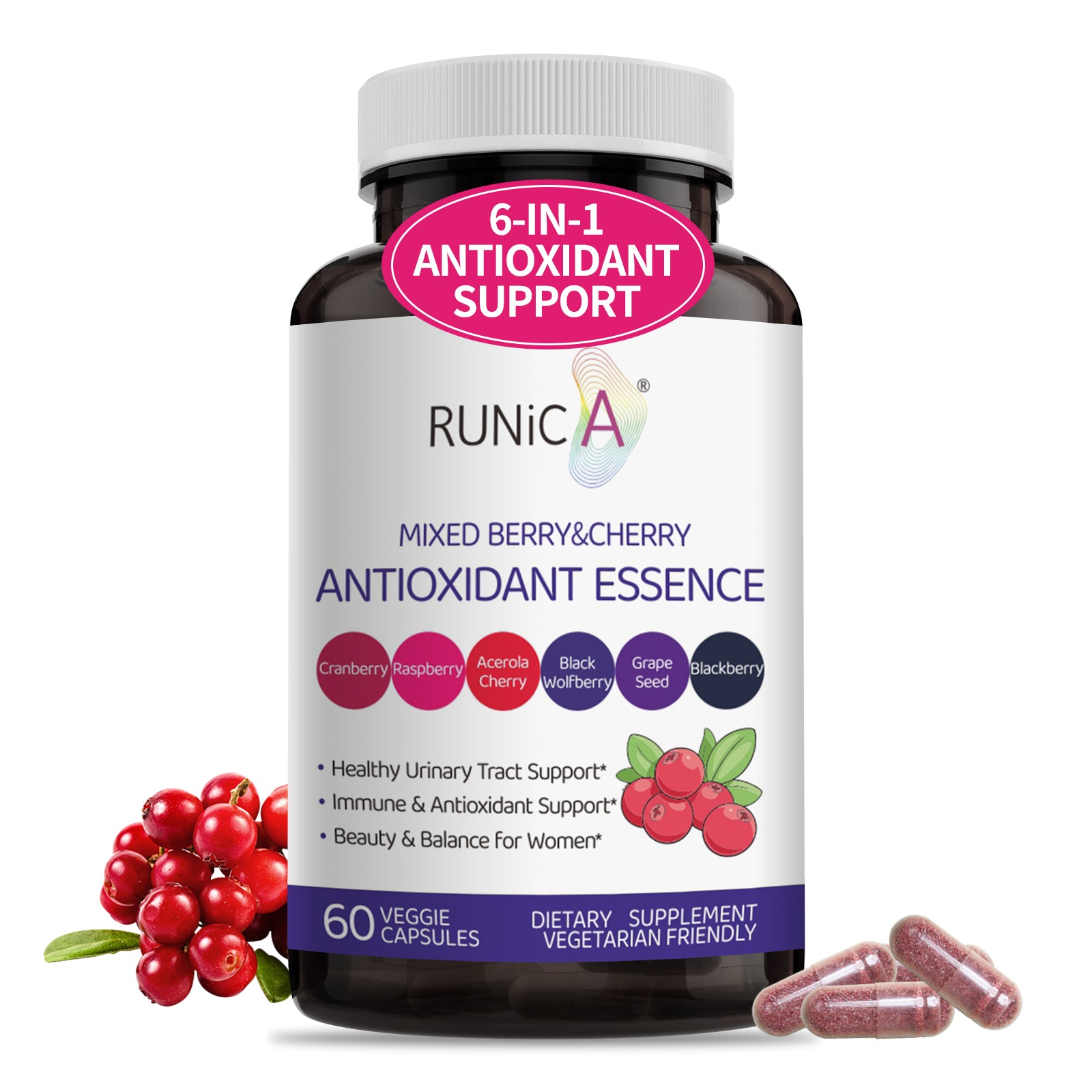 6X 6-in-1 Mixed Berry & Cherry Antioxidant Supplement - 6-Berry Extract for Even Skin Tone & Urinary Tract Health - 120 Vegan Capsules, 60-Day Routine Bundle