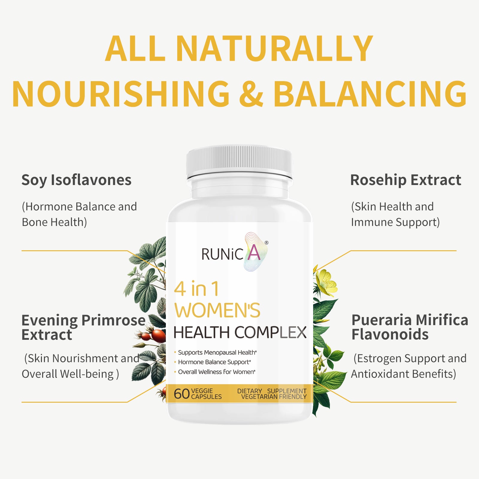 4-in-1 Women’s Hormonal Balance Complex Supplement | Rosehip, Pueraria & Evening Primrose with Soy Isoflavones | Menstrual Cycle, Menopause, Energy Level & Healthy Skin Support