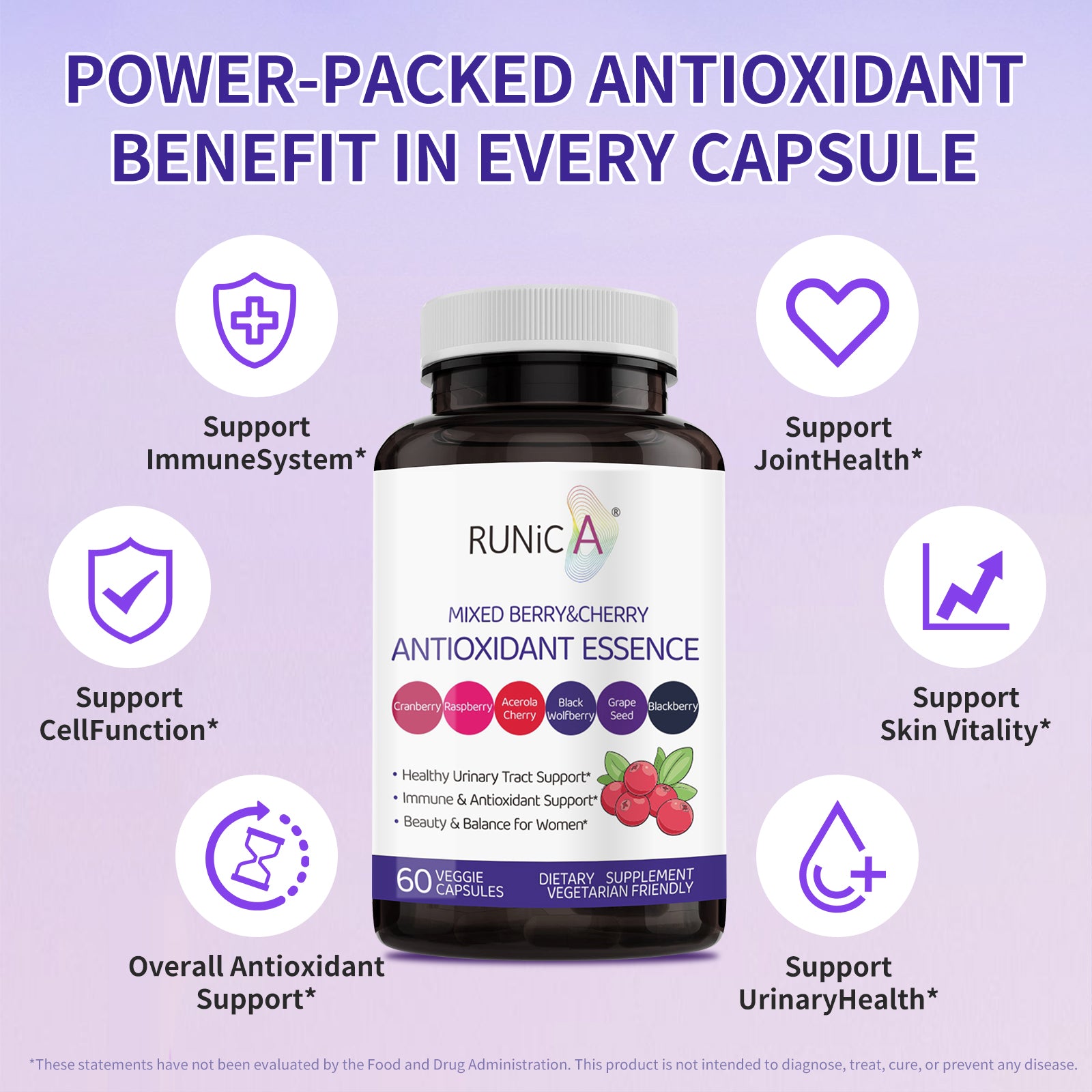 6X 6-in-1 Mixed Berry & Cherry Antioxidant Supplement - 6-Berry Extract for Even Skin Tone & Urinary Tract Health - 120 Vegan Capsules, 60-Day Routine Bundle