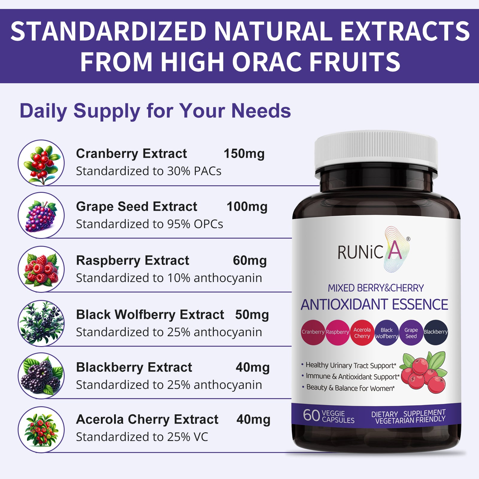 6X 6-in-1 Mixed Berry & Cherry Antioxidant Supplement - 6-Berry Extract for Even Skin Tone & Urinary Tract Health - 120 Vegan Capsules, 60-Day Routine Bundle